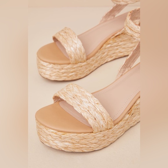 Natural Raffia Espadrille Platform Wedge Sandals - Picture 3 of 4